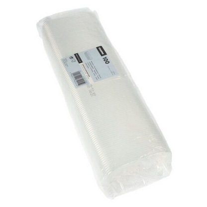 En förseglad förpackning med 100 Starpak förpackningsbägare PP rektangulär 125 ml transparent har en etikett med mängd och detaljer. Bägarna är prydligt staplade och synliga genom den transparenta förpackningen.