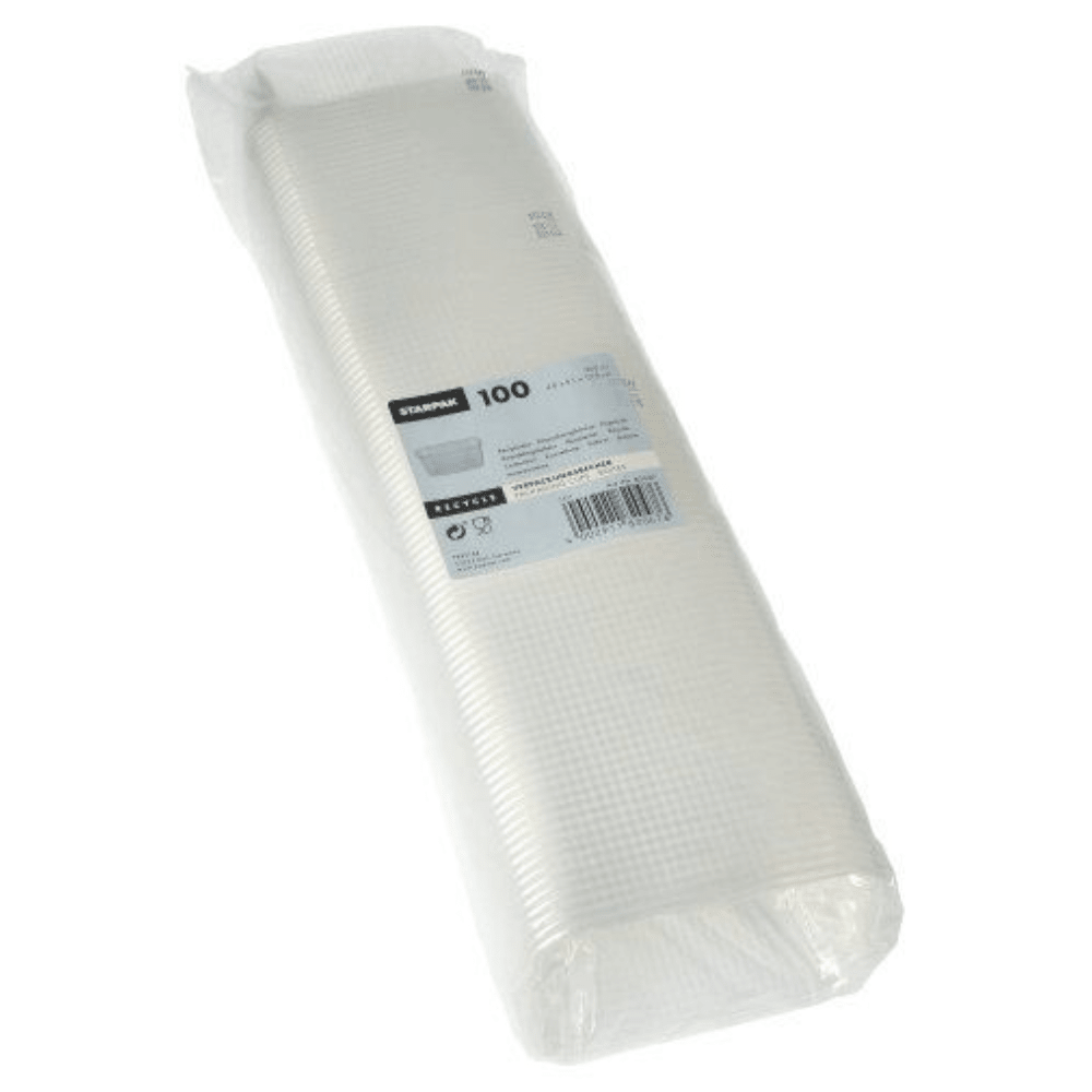 En förseglad förpackning med 100 Starpak förpackningsbägare, PP fyrkantig transparent, är staplad och förpackad i en klar förpackning med en produktetikett, idealisk för livsmedelsförvaring bredvid din befintliga Starpak-kollektion.