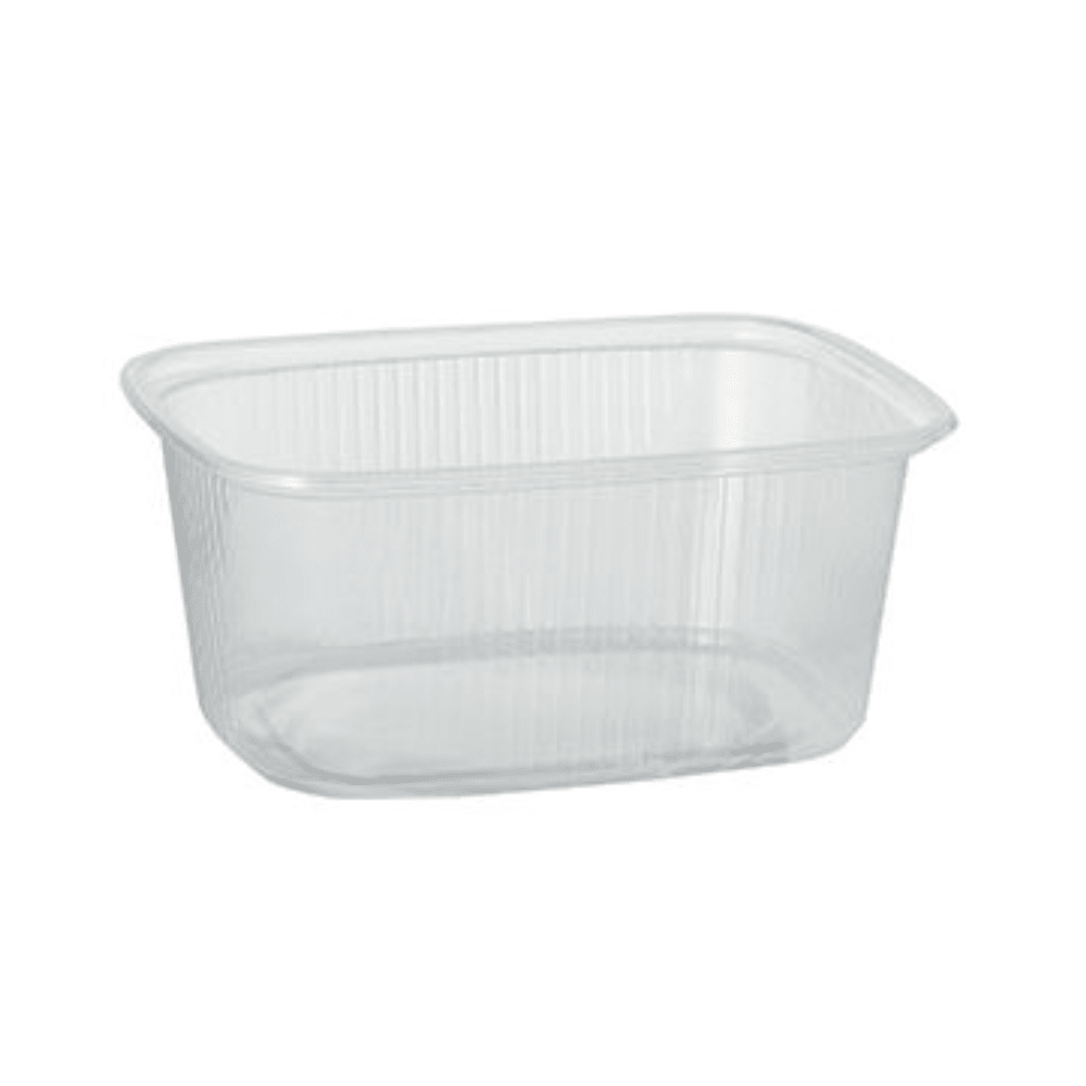 Starpak 100 förpackningsbägare är en 250 ml transparent, rektangulär PP-livsmedelsbehållare med rundade hörn och räfflade sidor från Starpak, idealisk för livsmedelsförvaring, avbildad tom på en enfärgad vit bakgrund.