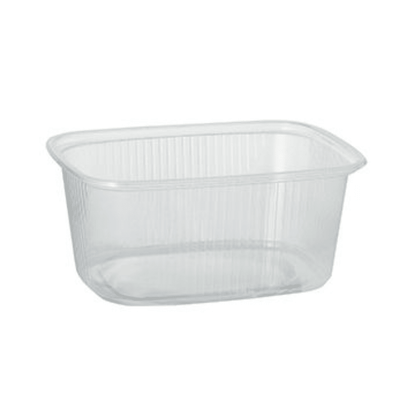 Starpak 100 förpackningsbägare är en 250 ml transparent, rektangulär PP-livsmedelsbehållare med rundade hörn och räfflade sidor från Starpak, idealisk för livsmedelsförvaring, avbildad tom på en enfärgad vit bakgrund.