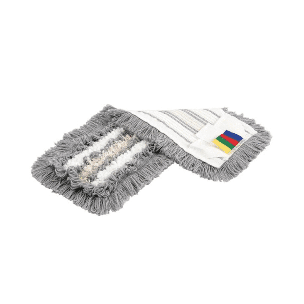 Avbildat är ett Vileda SprayPro rostfritt stål golvrengöringssystem-set med grå, vita och beige fibrer, perfekt för professionella städare. Det har en flerfärgad etikett i ena änden och ligger på en vit bakgrund. Det erbjuder en effektiv rengöringslösning från Vileda GmbH.