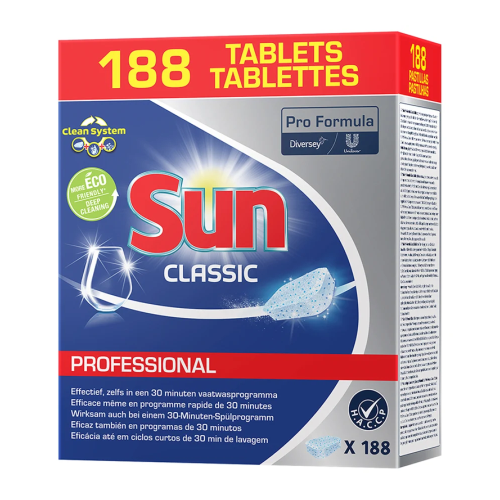 Eine Schachtel SUN Professional Classic Tabs, Spülmaschinenreiniger-Tabs von Diversey Deutschland GmbH & Co. OHG, mit 188 Tabs. Die Verpackung zeigt die Logos von Pro Formula und Diversey mit mehrsprachigem Text. Sie ist in einem blau-weißen Farbschema gestaltet und betont die umweltfreundliche Marke sowie den Glasschutz für Ihr Geschirr.