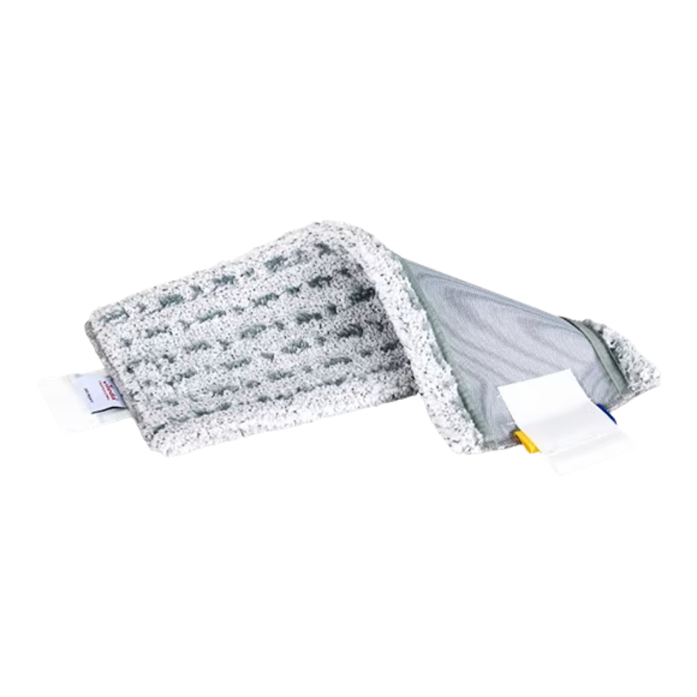 En grå strukturerad rengöringsduk, Vileda Professional UltraSpeed MicroLite max - 40 cm från Vileda GmbH, är delvis vikt för att visa sitt inre lager. Den har etiketter i ena änden med skötselråd och produktinformation för enkel användning och vård.