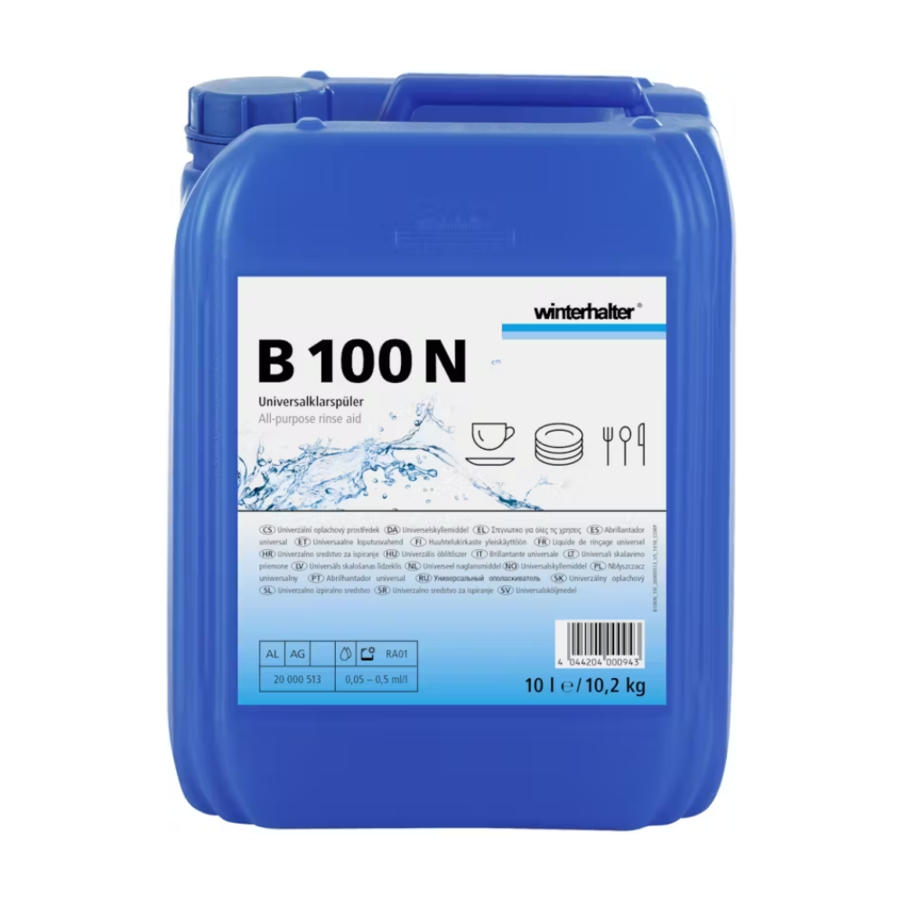 En blå 10-liters behållare med Winterhalter B 100 N sköljmedel från Altruan, som är utvecklad för kommersiella diskmaskiner. På förpackningen syns produktnamnet, logotyper och bilder av porslin som betonar produktens förmåga att säkerställa fläckfri torkning och att vara lämplig för olika diskmaskinsapplikationer.