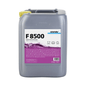 En stor grå behållare med gul lock och texten "Winterhalter F 8500 Disk Universell Rengöringsmedel 25 kg | 1 kg" visar lila grafik och redskapssymboler. Detta allrengöringsmedel utvecklat av Altruan avlägsnar effektivt envis smuts i kommersiella diskmaskiner.