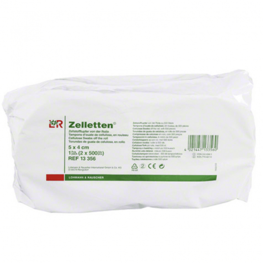 Förpackningen med Zelletten®-cellulosatamponger från Lohmann & Rauscher är idealisk för medicinska ändamål. På etiketten anges storlek (5 x 4 cm), antal (2 förpackningar à 500 stycken) och artikelnummer (13 356). Förpackningen är huvudsakligen vit med grön text.