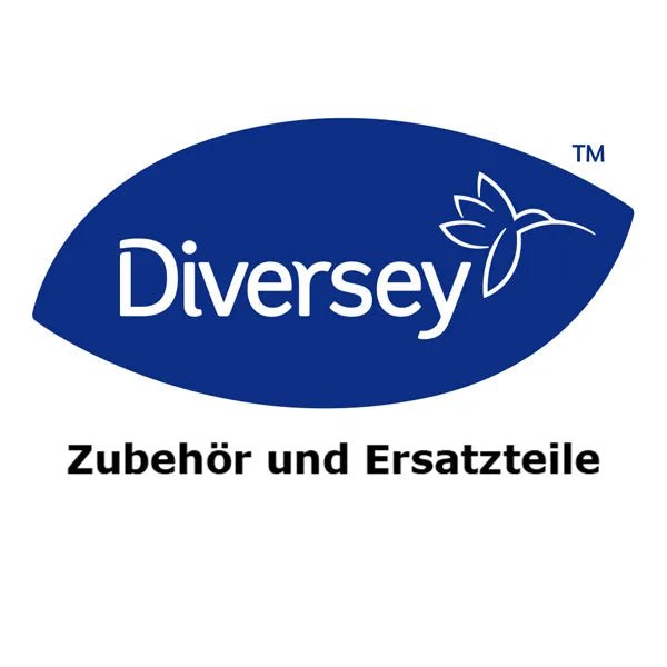 Ett blått bladformat Diversey-logotyp och en fågel visas ovanför "Tillbehör och reservdelar" och lyfter fram DI Protect soppåsehållare, förpackning (1 styck) från Diversey Deutschland GmbH & Co. OHG på vit bakgrund.