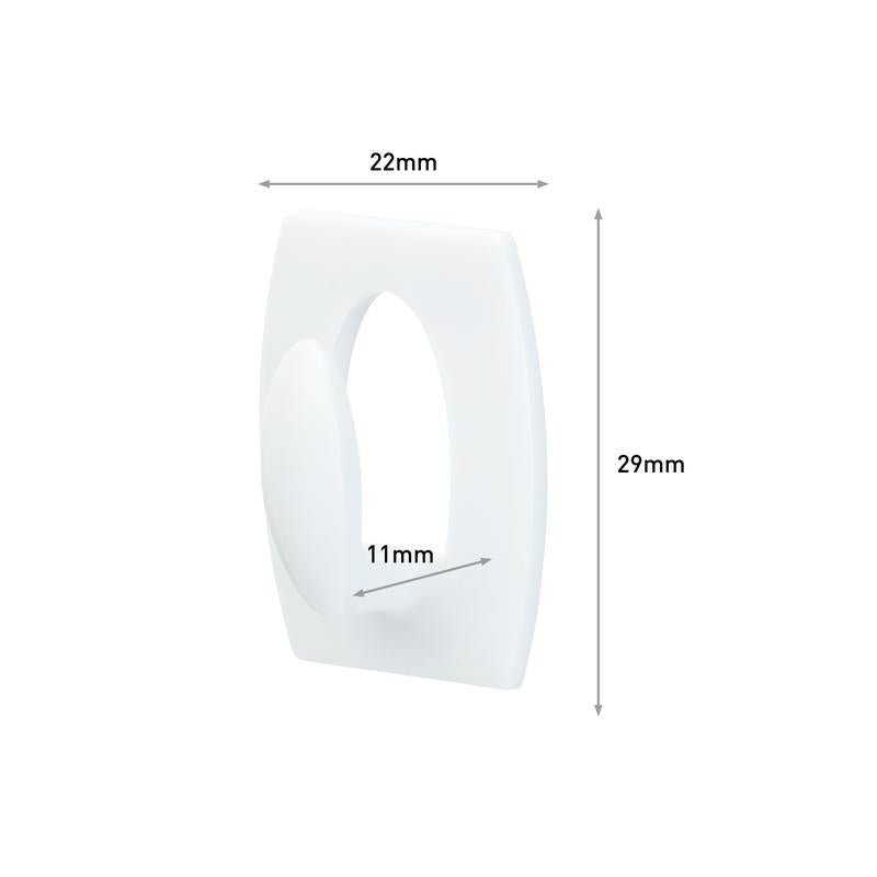 Command™ Mini-kroken, 17006 från 3M Deutschland GmbH, är en vit rektangulär krok (22x29mm) med rundade kanter och ett 11mm inre ovalt hål. Pilar visar måtten. Perfekt för upphängning utan borrning och kan tas bort utan rester.
