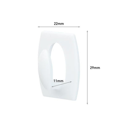 Command™ Mini-kroken, 17006 från 3M Deutschland GmbH, är en vit rektangulär krok (22x29mm) med rundade kanter och ett 11mm inre ovalt hål. Pilar visar måtten. Perfekt för upphängning utan borrning och kan tas bort utan rester.
