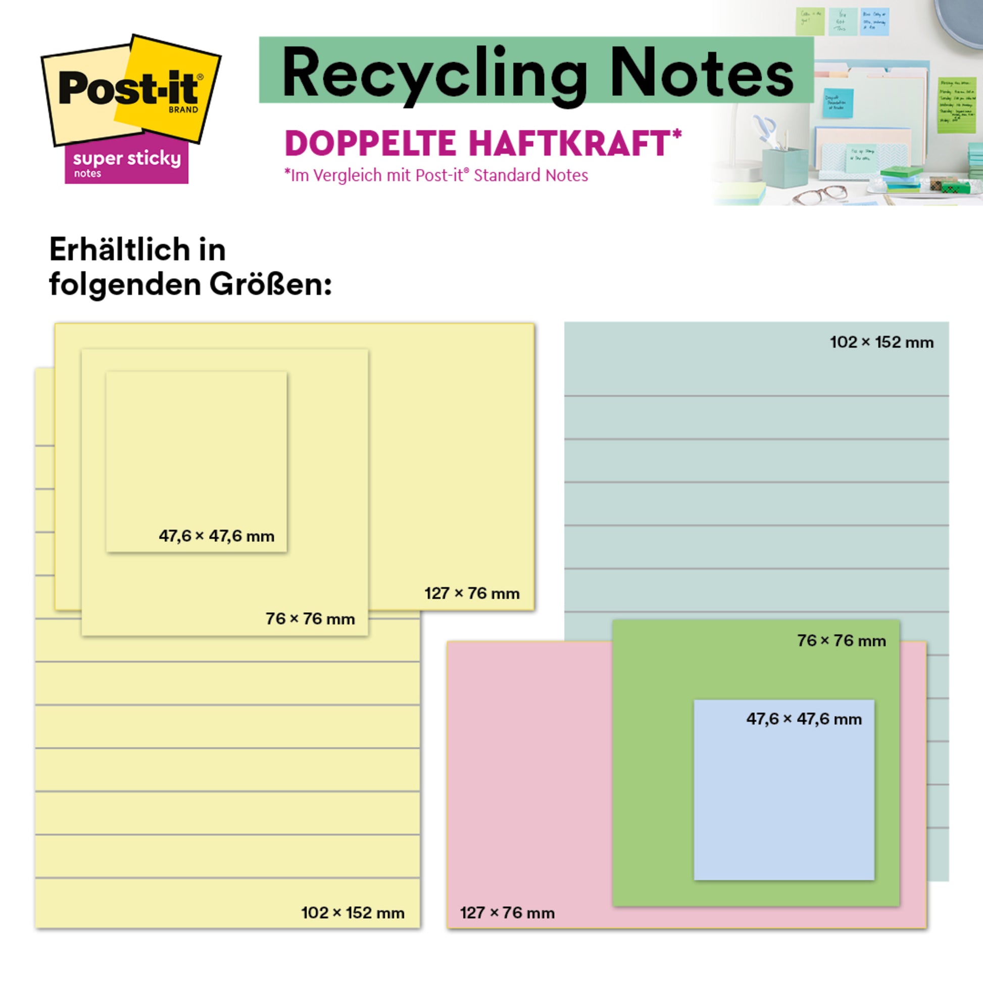Eine Grafik zeigt die Post-it® Super Sticky 100 % Recycling Notes der 3M Deutschland GmbH (102 mm x 152 mm, liniert, verschiedene Farben, 45 Blatt/Block, 4 Blöcke/Packung) mit dem Hinweis auf PEFC-zertifiziertes Papier und extra starke Haftung.