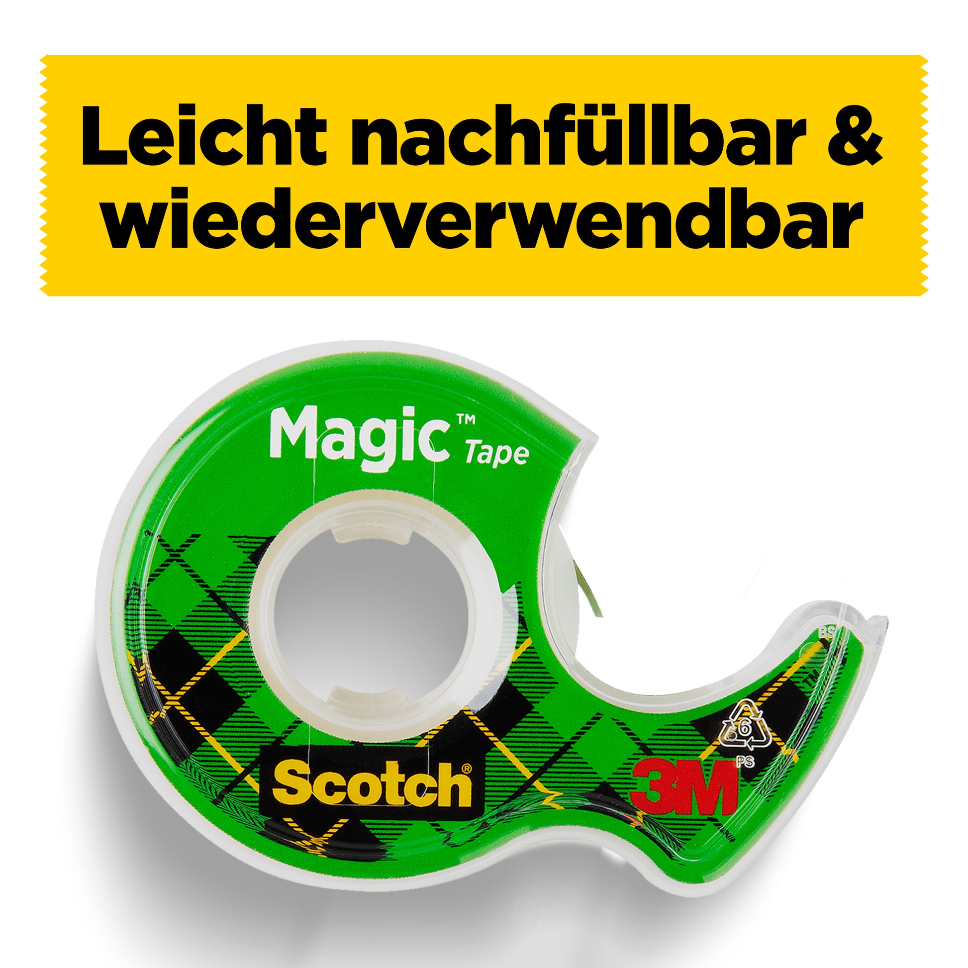 Eine Nachfüllpackung mit 2 Rollen Scotch® Magic™ Invisible Tape (19 mm x 7,5 m) der 3M Deutschland GmbH mit grün-schwarz karierter Beschriftung und gelber Schrift "Leicht nachfüllbar & wiederverwendbar".