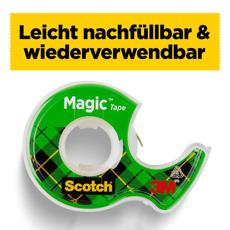 En grön Scotch® Magic™ osynlig tejp handdispenser från 3M Deutschland GmbH, avbildad under en gul tysk flagga. Innehåller 1 lätt påfyllningsbar tejprulle (19 mm x 7,5 m) i en återanvändbar rutig dispenser.