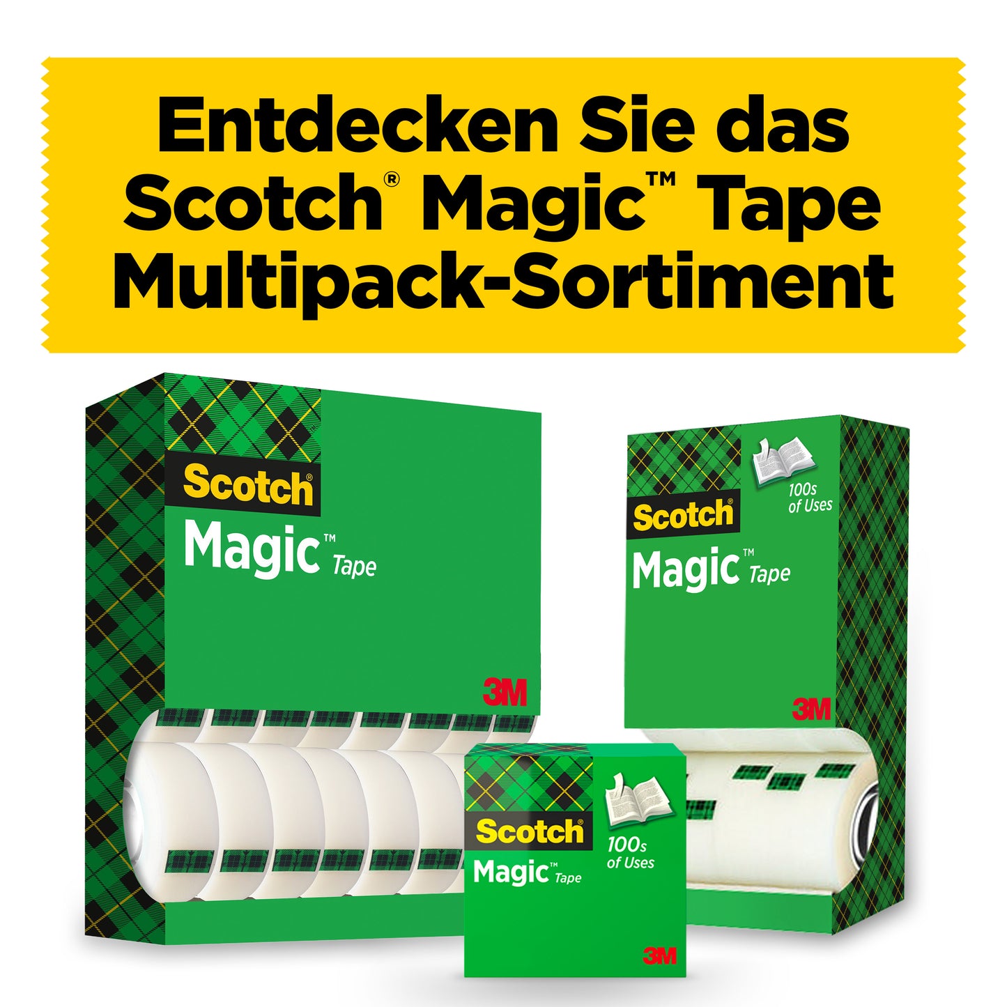 Drei Kartons Scotch® Magic™ Unsichtbares Klebeband, Vorteilspack 14 Rollen (19 mm x 33 m) von 3M Deutschland GmbH sind vor einem gelben deutschen Schild abgebildet. Die grüne Verpackung unterstreicht die Marke und die Alltagstauglichkeit des Klebebandes.
