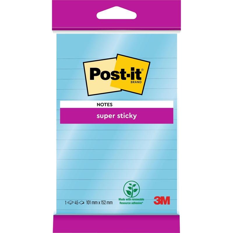 Ett paket med Post-it® Super Sticky Notes i storformat, linjerat, 102 mm x 152 mm, 45 blad/block, från 3M Deutschland GmbH, med extra stark vidhäftning och 100% PEFC-märke på förpackningen.