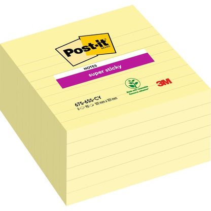 En bunt av Post-it® Super Sticky Notes i stort format (101 mm x 101 mm, 90 blad/block, 100% PEFC) från 3M Deutschland GmbH, med gula linjerade blad och logotyper.