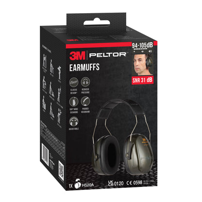 Eine grüne Schachtel mit 3M™ PELTOR™ Optime™ II Kapselgehörschutz H520A (SNR 31 dB) von 3M Deutschland GmbH, mit Produktabbildungen und Hervorhebung der wichtigsten Merkmale. Die Packung enthält 1 Stück.