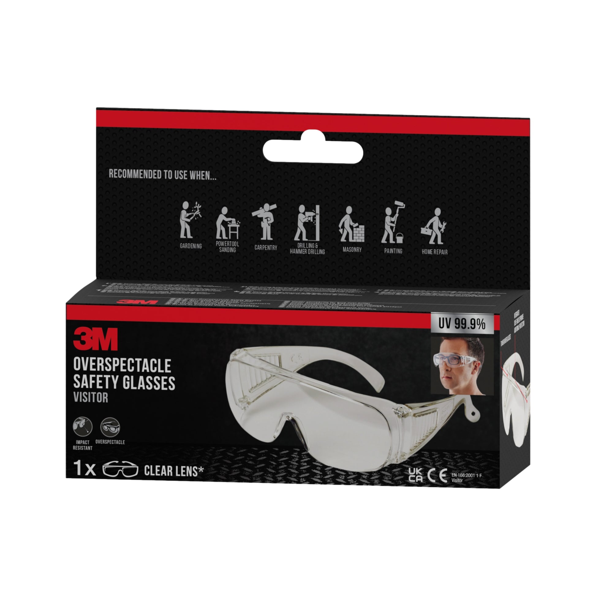Eine Schachtel der 3M™ Visitor Überbrille, Klarsichtscheibe von 3M Deutschland GmbH zeigt die Brille und eine Person, die sie trägt, listet die empfohlenen Anwendungen auf und hebt die klaren Gläser mit 99,9 % UV-Schutz hervor.