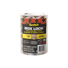 Eine Packung mit drei 3M Scotch® Box Lock™ Verpackungsklebeband 3950-LR3-DC Rollen (48 mm x 50 m), verpackt in klarem Kunststoff. Das Etikett hebt die Marke Scotch und die "Extreme Grip"-Eigenschaft hervor, perfekt zum Verschließen von Kartonverpackungen.