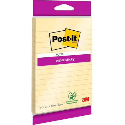 Post-it® Super Sticky Notes i storformat från 3M Deutschland GmbH: Linjerat, extra stark vidhäftning, 102 x 152 mm, 45 blad per block, tillverkat av 100% PEFC-certifierat papper.