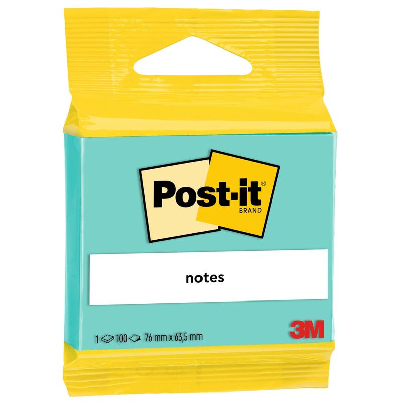 En förpackning 3M Post-it® Notes (63,5 mm x 76 mm, 100 blad/block, 100% PEFC) från 3M Deutschland GmbH visar en gul ovansida, en turkos kropp, Post-it-logotypen, "Notes" och produktinformation som storlek och mängd.