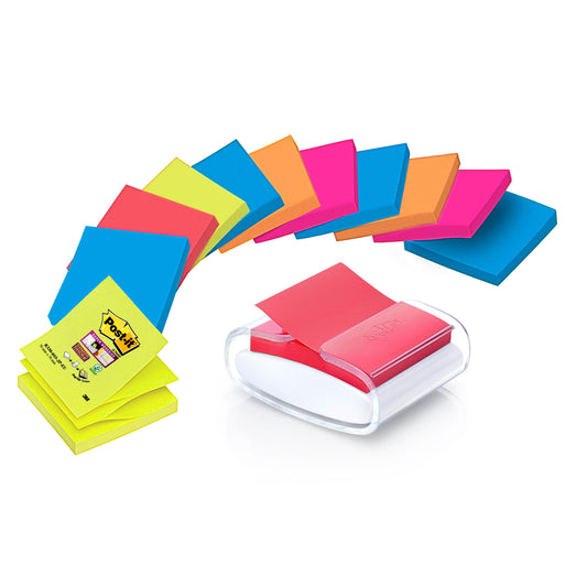 Eine geschwungene Reihe von bunten Haftnotizblöcken und ein schwarzer Post-it® Z-Notes Dispenser mit gelben Super Sticky Z-Notes (76x76 mm, 90 Blatt) der 3M Deutschland GmbH werden gezeigt.