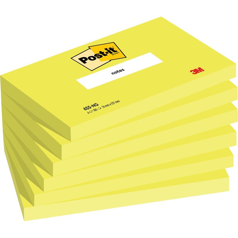 Avbildad är en stapel med sex gula Post-it® Anteckningslappar (76 mm x 127 mm, 100 blad/block, 100% PEFC) från 3M Deutschland GmbH, var och en med Post-it-logotypen på ovansidan och texten "Notizen" på blocket.