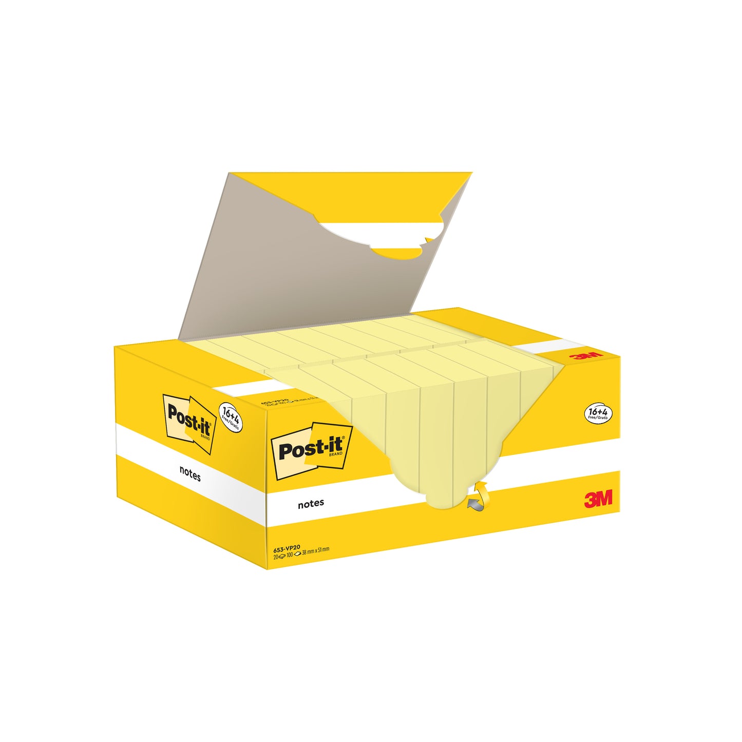 Eine gelbe Promotion-Packung von Post-it® Notes von 3M Deutschland GmbH, Größe 38 x 51 mm, enthält 16 Blöcke plus 4 freie (100 Blatt/Block), Deckel geöffnet, um mehrere gelbe Notizzettel zu zeigen; PEFC-zertifiziert (SGSCH-PEFC-COC-110078).