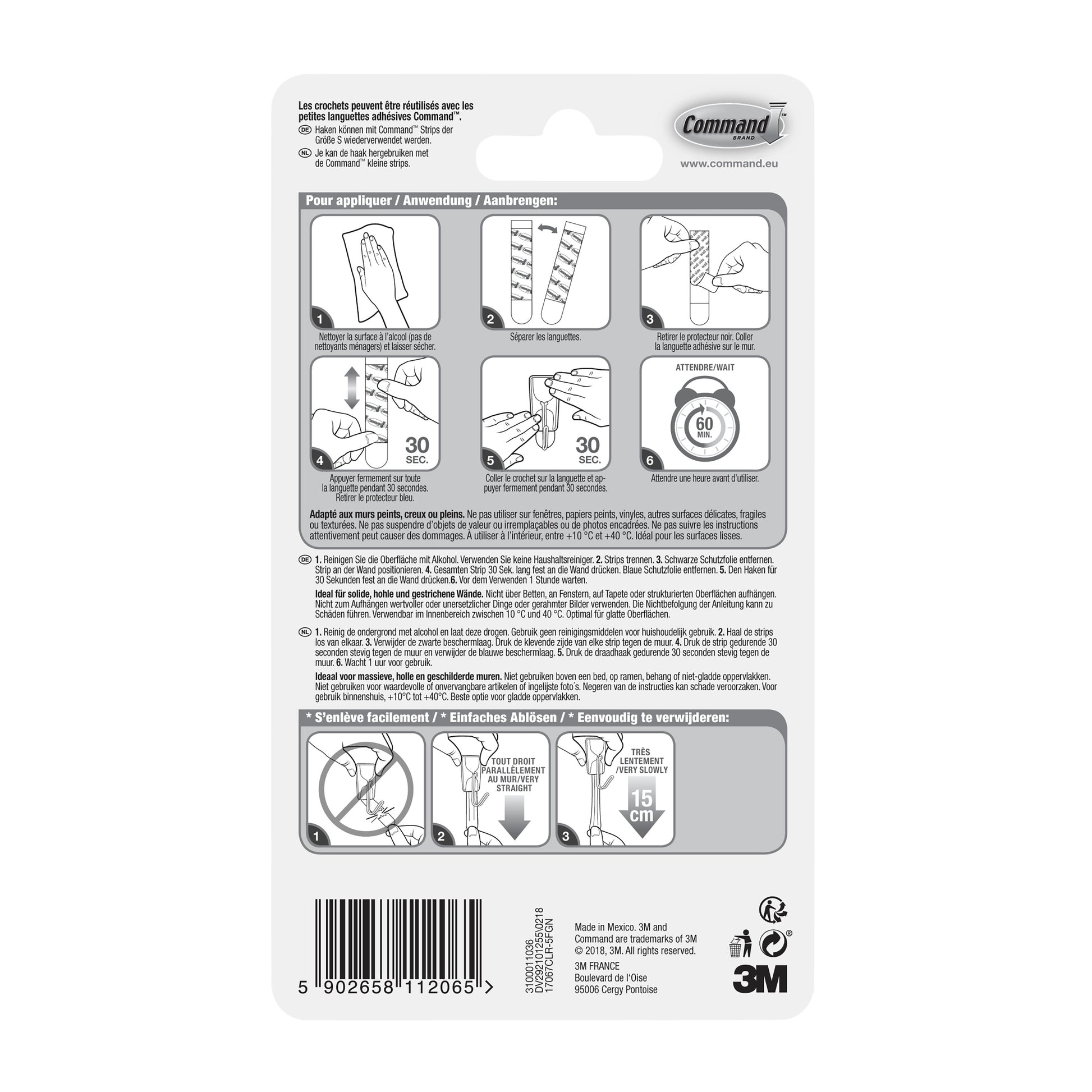 Auf der Rückseite des Command™ Drahthaken, klein, transparent, mit transparenten Strips von 3M Deutschland GmbH befindet sich eine mehrsprachige Schritt-für-Schritt-Anleitung zum Anbringen/Entfernen mit beschrifteten Diagrammen; Barcode und Firmenangaben befinden sich am unteren Rand.