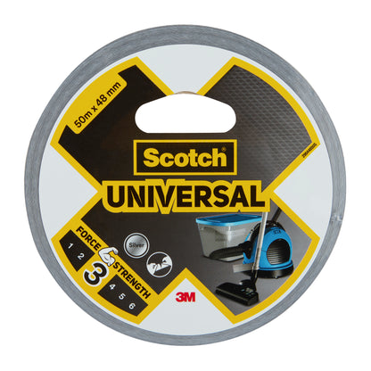 Eine Rolle Scotch® Universal-Klebeband 2904 von 3M Deutschland GmbH, silber, 50 m x 48 mm, mit Staubsauger- und Mülleimer-Etikettenabbildung und Kraftstufe 3.