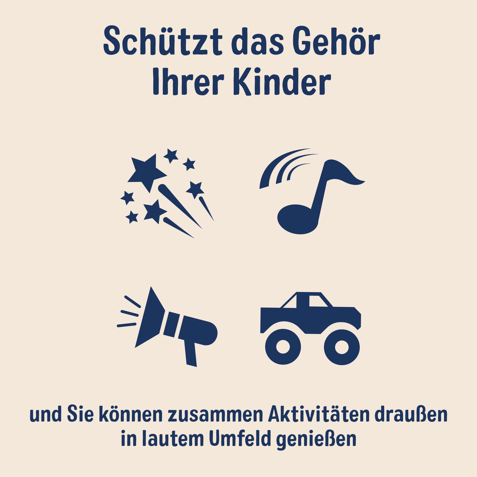 Grafik mit deutschem Text: "Schützen Sie das Gehör Ihrer Kinder mit 3M™ Gehörschutz für Kinder PKIDSP-TEAL-E und genießen Sie gemeinsam laute Aktivitäten." Vier Icons zeigen Sterne, eine Musiknote, ein Megafon und einen Spielzeug-LKW.