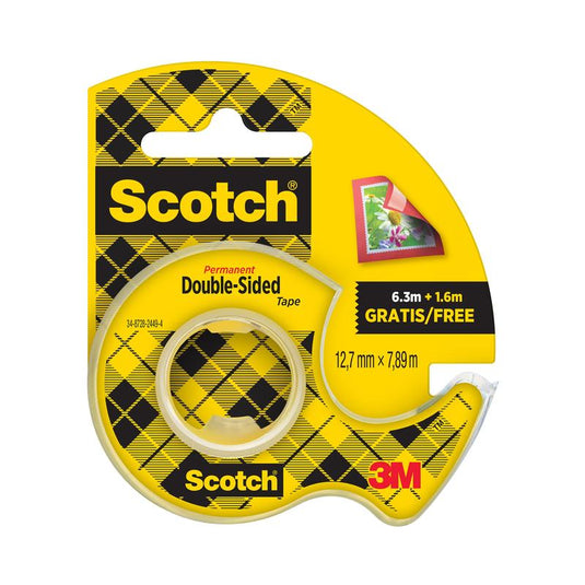 En förpackning Scotch® dubbelsidigt tejp från 3M Deutschland GmbH (12,7 mm x 7,89 m) med 25% extra gratis och en gul tejphållare, lämplig för användning på papper. Innehåller 1 rulle.