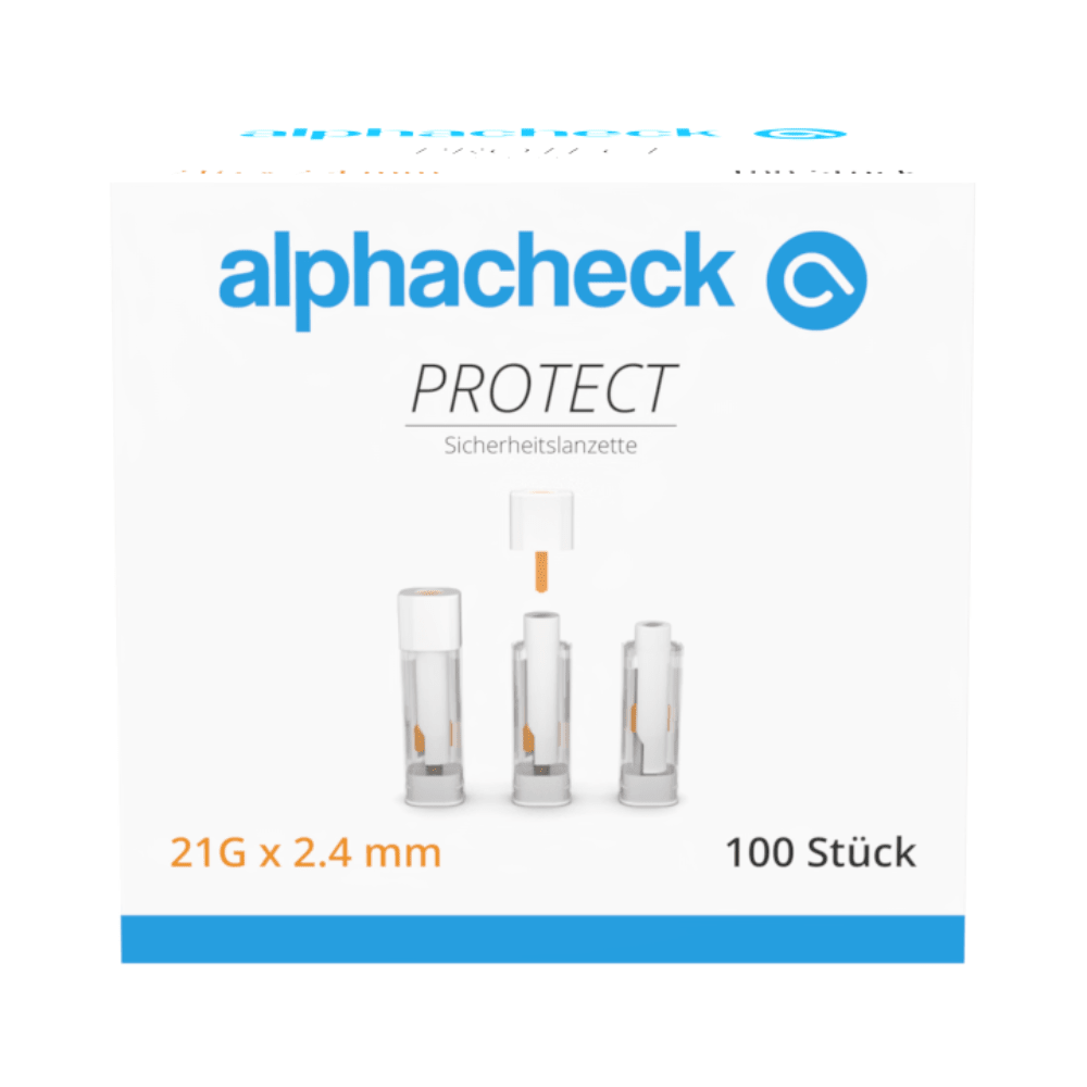 Låda med 100 Alphacheck PROTECT säkerhetslansetter, 21G x 2,4 mm, från Berger Med GmbH. Framsidan visar produktnamn, logotyp och bilder av lansetten i tre steg och betonar därmed den smärtfria blodprovtagningen.