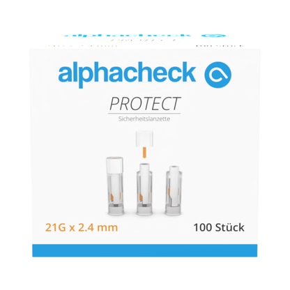Låda med 100 Alphacheck PROTECT säkerhetslansetter, 21G x 2,4 mm, från Berger Med GmbH. Framsidan visar produktnamn, logotyp och bilder av lansetten i tre steg och betonar därmed den smärtfria blodprovtagningen.