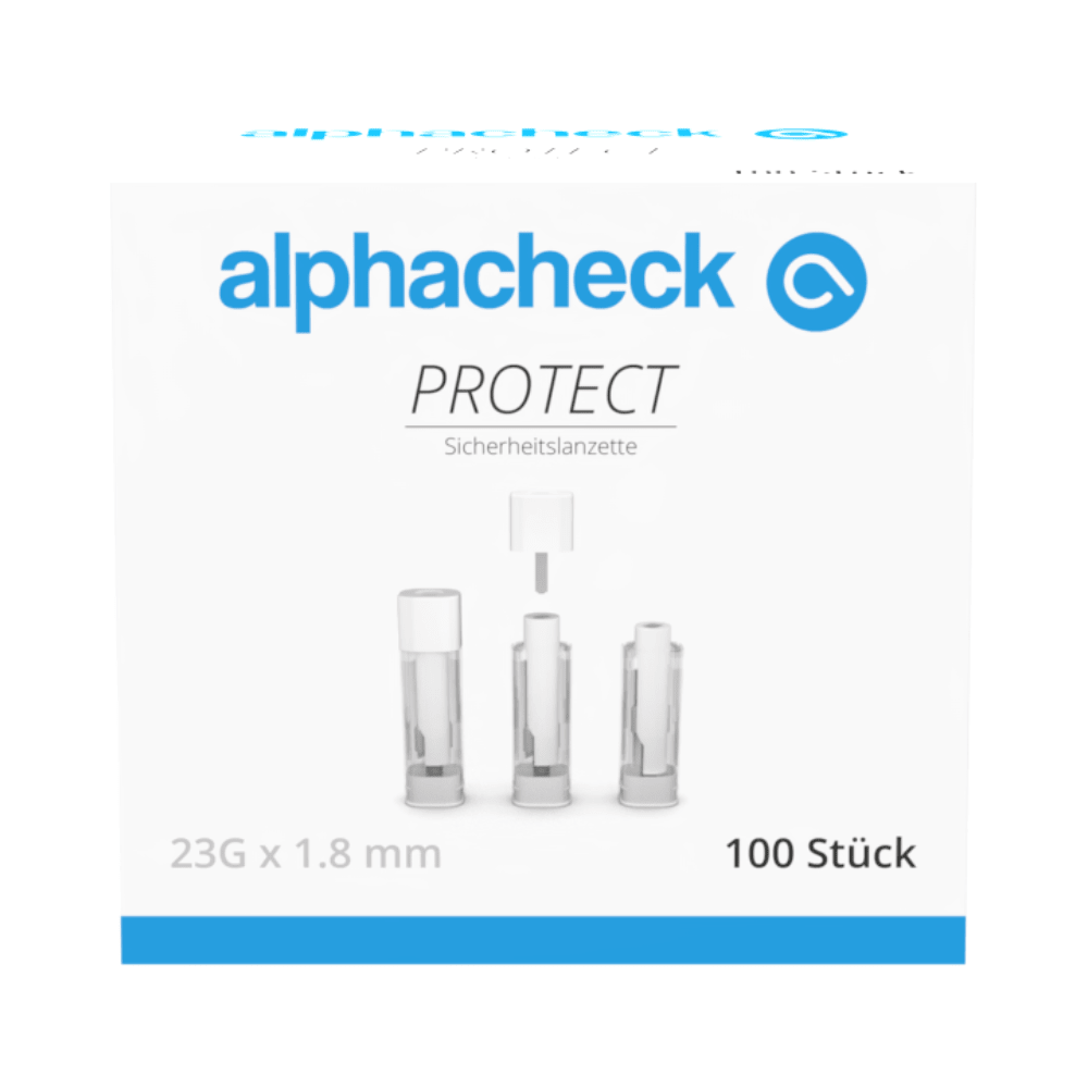 En vit låda med blå och grå accenter har texten „alphacheck PROTECT“ från Berger Med GmbH och visar Alphacheck PROTECT säkerhetslansetter för smärtfri blodprovtagning med texten „23G x 1,8 mm“ och „100 stycken“ på framsidan.
