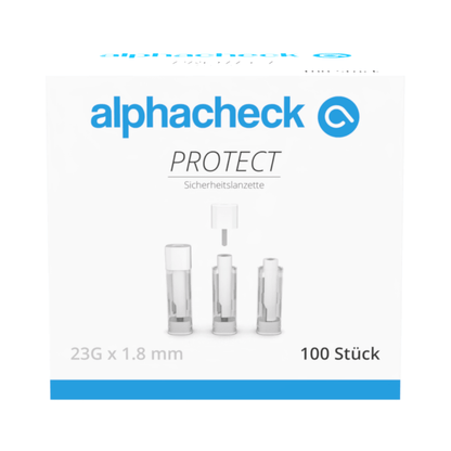 En vit låda med blå och grå accenter har texten „alphacheck PROTECT“ från Berger Med GmbH och visar Alphacheck PROTECT säkerhetslansetter för smärtfri blodprovtagning med texten „23G x 1,8 mm“ och „100 stycken“ på framsidan.