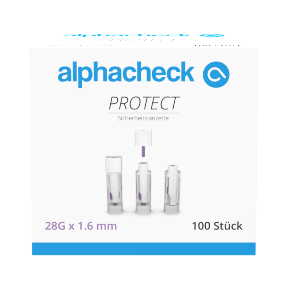 En låda med texten „alphacheck PROTECT“ från Berger Med GmbH innehåller 100 Alphacheck PROTECT säkerhetslansetter (28G x 1,6 mm) för smärtfri blodprovtagning. Framsidan visar tre lansetter med text på tyska och engelska.