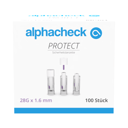 En låda med texten „alphacheck PROTECT“ från Berger Med GmbH innehåller 100 Alphacheck PROTECT säkerhetslansetter (28G x 1,6 mm) för smärtfri blodprovtagning. Framsidan visar tre lansetter med text på tyska och engelska.