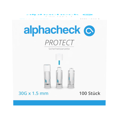 En låda Alphacheck PROTECT säkerhetslansetter (30G x 1,5 mm, 100 stycken) från Berger Med GmbH för smärtfri blodprovtagning; tre lansetter med skyddskåpor och alphacheck-logotyp på vit bakgrund.