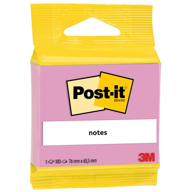 En förpackning 3M Post-it® Notes (63,5 x 76 mm, 100 blad) från 3M Deutschland GmbH, 100% PEFC-certifierad, med gul ovansida, rosa framsida, "notes" och "Haftnotizen" på etiketten och den röda 3M-logotypen längst ner till höger.
