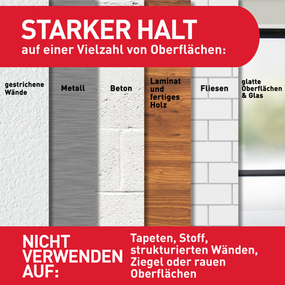Eine Grafik zeigt Oberflächen wie gestrichene Wände, Metall, Beton, Laminat, fertiges Holz, Fliesen und Glas. Text: 3M Command™ Mini-Haken 17006CLR haften stark dort - nicht für Tapeten, Stoffe, strukturierte Wände oder raue Flächen geeignet.