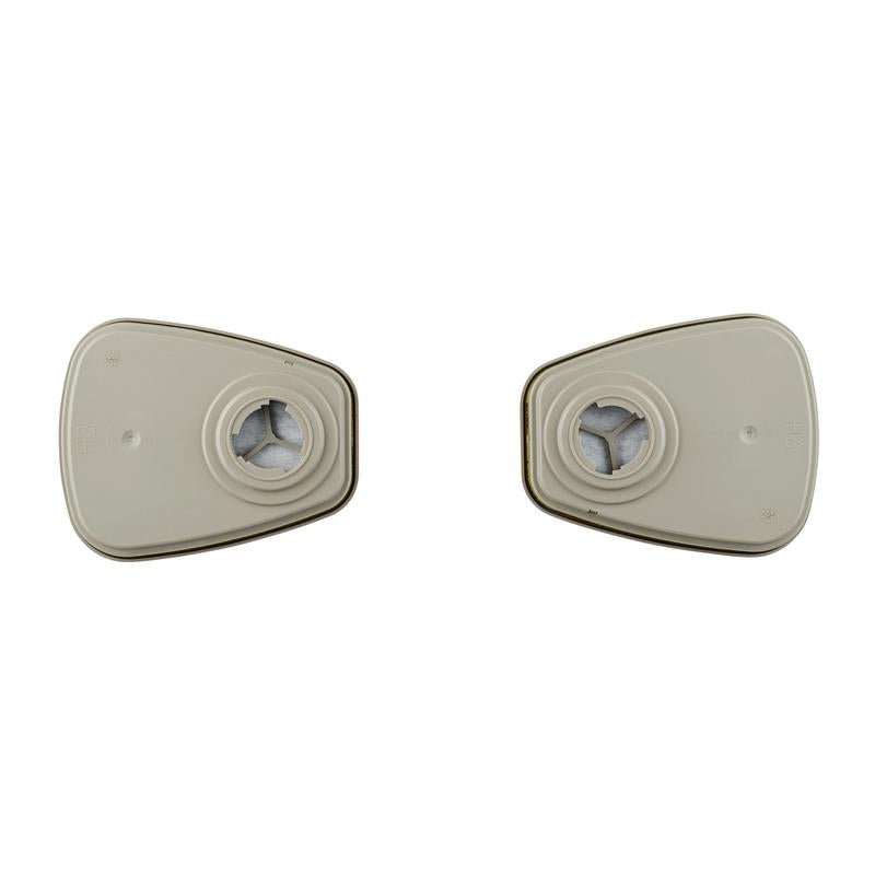 Två identiska 3M™ Filterpatron 6059 ABEK1-kombinationsfilterpatroner (1 par/förpackning, 3M Deutschland GmbH) med centrala cirkulära öppningar är avbildade bredvid varandra på vit bakgrund, lämpliga för andningsskyddsmasker.