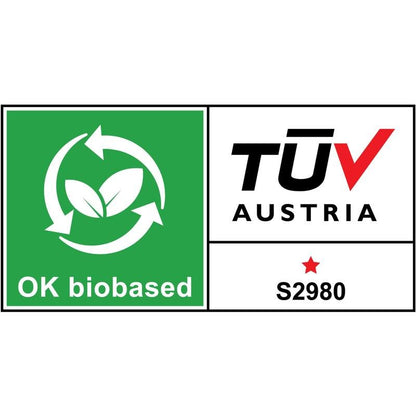 En rektangulär etikett med grönt avsnitt, två blad, återvinningspilar, "OK biobased", TÜV Austria-logotyp och kod "S2980" under en röd stjärna - idealisk för 3M Deutschland GmbH Scotch™ tejphållare C60 plus Magic™ tejp 19mm x 33mm (4 rullar/förpackning).