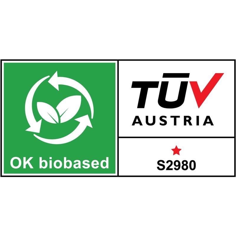 Scotch™ tejphållare C60 + Scotch® Magic™ Osynligt Tejp, 19 mm x 33 mm från 3M Deutschland GmbH har en rektangulär grön-vit etikett med två blad, cirkulära pilar, "OK biobased", TUV Austria-logotyp, S2980 och en röd stjärna.