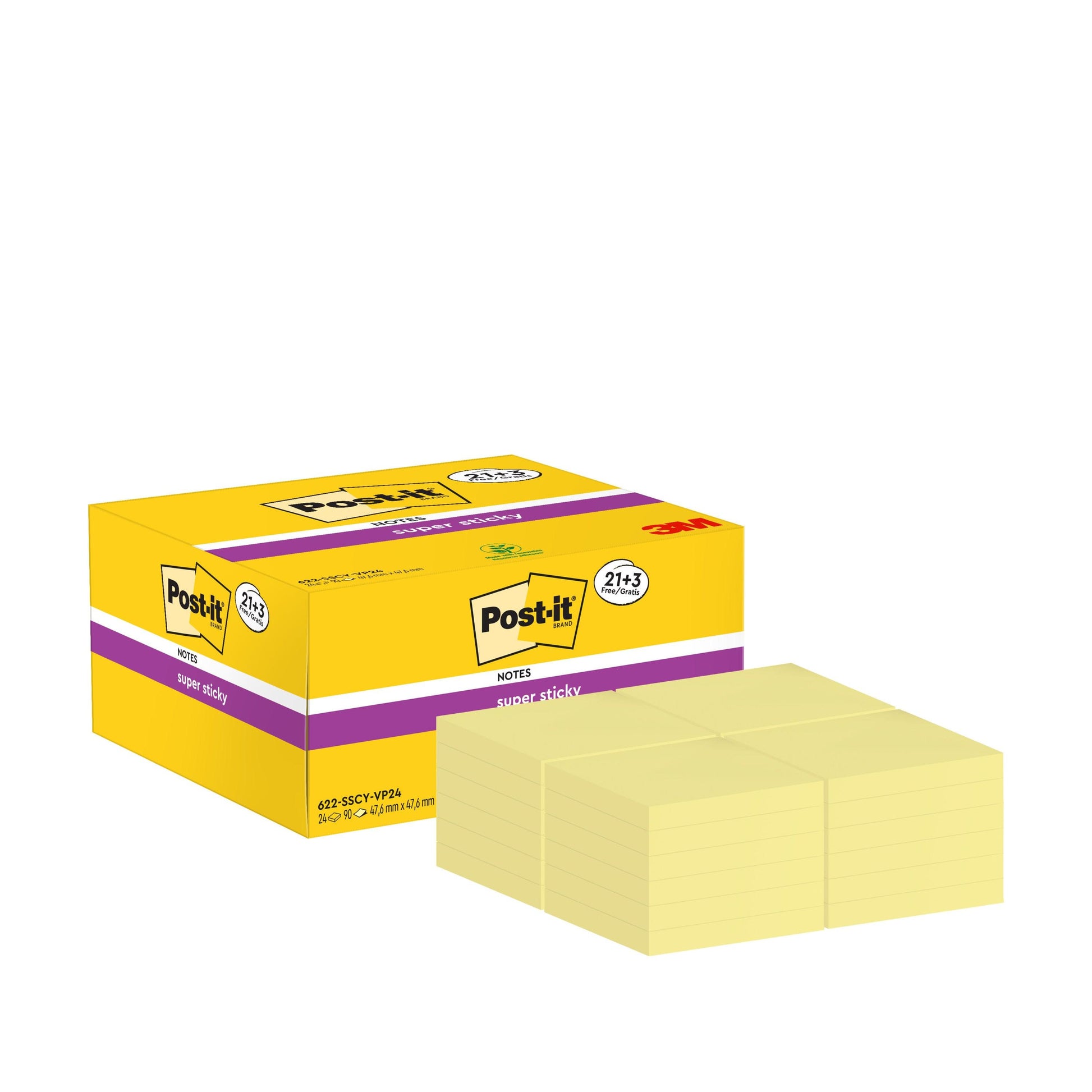 Abgebildet ist eine gelbe Schachtel Post-it® Super Sticky Notes (47,6 x 47,6 mm, 21 Blöcke + 3 gratis, 90 Blatt/Block) der 3M Deutschland GmbH mit gelben linierten Notizzetteln auf der Vorderseite; die Verpackung hebt das Post-it-Logo und die Produktangaben hervor.