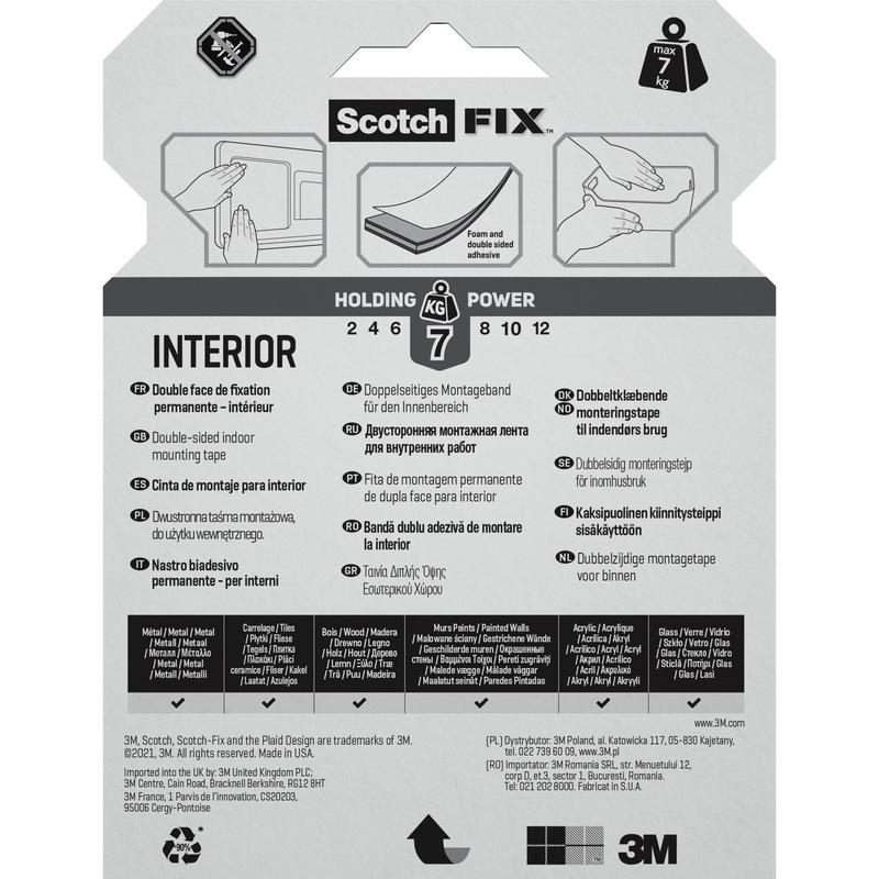 Förpackningen av Scotch-FIX™ Dubbelsidigt inomhusmonteringstejp från 3M Deutschland GmbH visar flerspråkig text, användningsbilder och symboler som visar att tejpen kan bära upp till 7 kg.