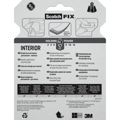 Förpackningen av Scotch-FIX™ Dubbelsidigt inomhusmonteringstejp från 3M Deutschland GmbH visar flerspråkig text, användningsbilder och symboler som visar att tejpen kan bära upp till 7 kg.