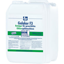 12 kg (9300 ml) weißer Kunststoffkanister Dr. Becher Galakor F3 Glaspülmaschinen-Reiniger der Dr. Becher GmbH, beschriftet mit blauer und grüner Schrift und Diagrammen für handelsübliche Gläserspülmaschinen.