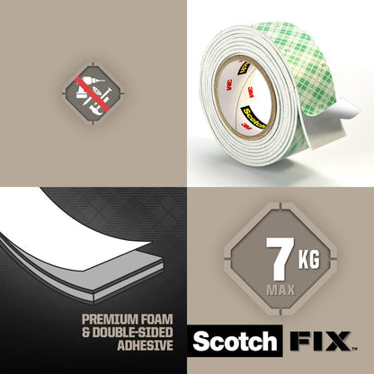 Bild av Scotch-FIX™ Dubbelsidigt inomhusmonteringstejp från 3M Deutschland GmbH, som visar tejprullen, No-Nails-symbolen, skum- och limskiktet, "7 KG MAX" och "Premium Foam & Double-Sided Adhesive" på en delad bakgrund.