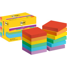 Eine Schachtel Post-it® Super Sticky Notes (47,6 mm x 47,6 mm, 90 Blatt/Block, 100% PEFC) der 3M Deutschland GmbH ist mit zwei Stapeln von bunten quadratischen Blöcken in den Farben Rot, Orange, Gelb, Grün, Blau und Lila abgebildet.