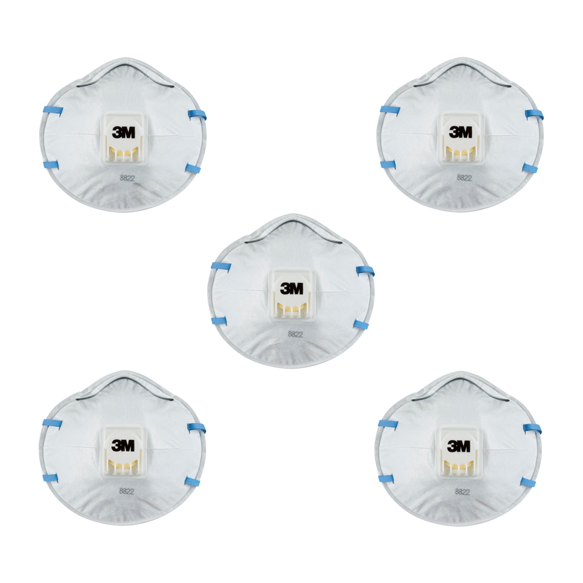 Fünf 3M™ Cool Flow™ Partikelmaske 8822, FFP2, mit Ventil von 3M Deutschland GmbH sind in einem Kreis auf weißem Hintergrund angeordnet. Jede Maske hat blaue Bänder und ein zentrales weißes Ventil.